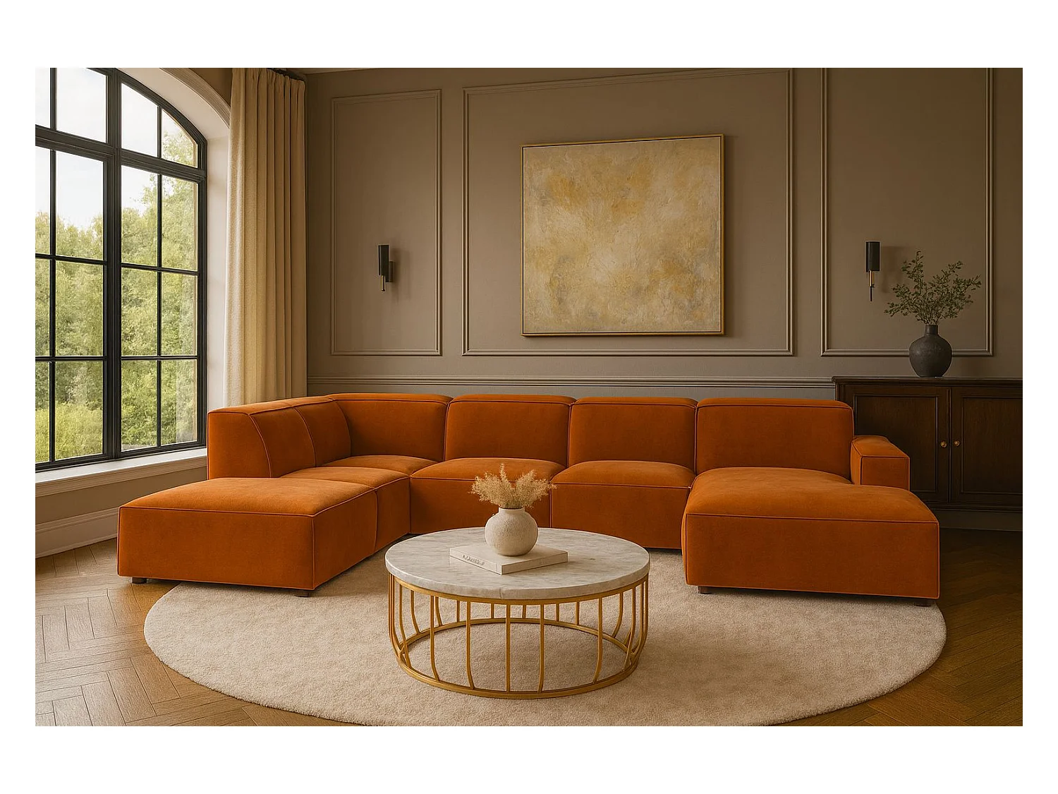 Canapé d'angle en U Cursal V, tissu Salvador, marron, gauche