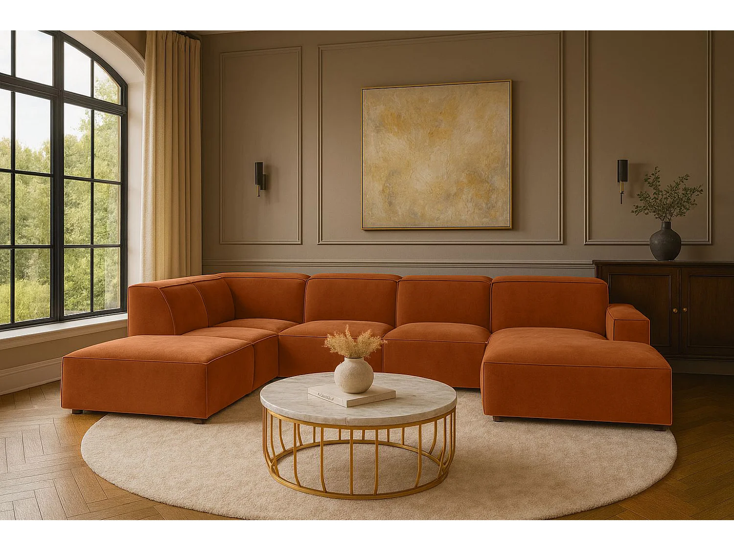 Canapé d'angle en U Cursal V, tissu Salvador, marron, gauche