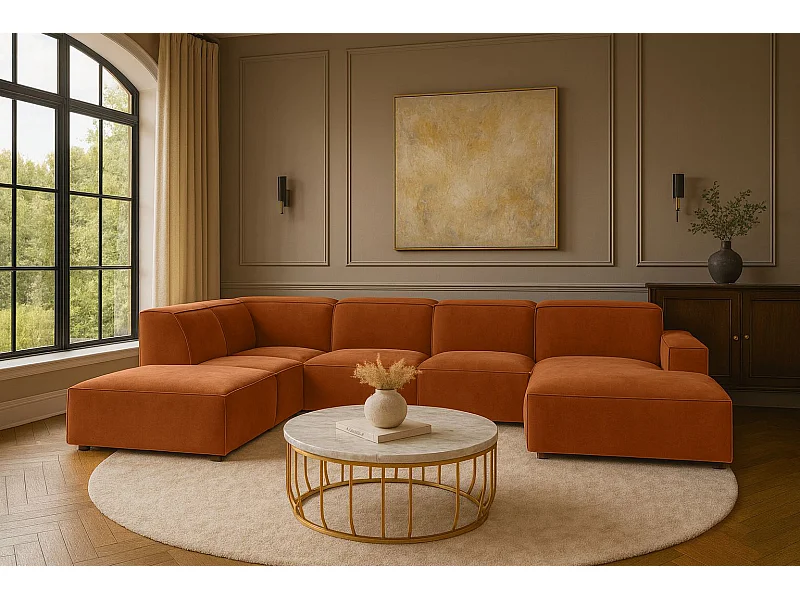 Canapé d'angle en U Cursal V, tissu Salvador, marron, gauche