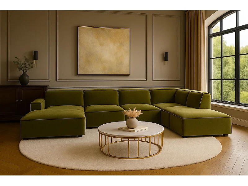 Ecksofa U-Form Cursal V, Stoff Salvador, Olive, Rechts