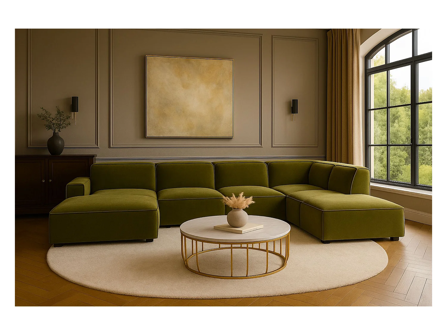 Canapé d'angle en U Cursal V, tissu Salvador, olive, droit