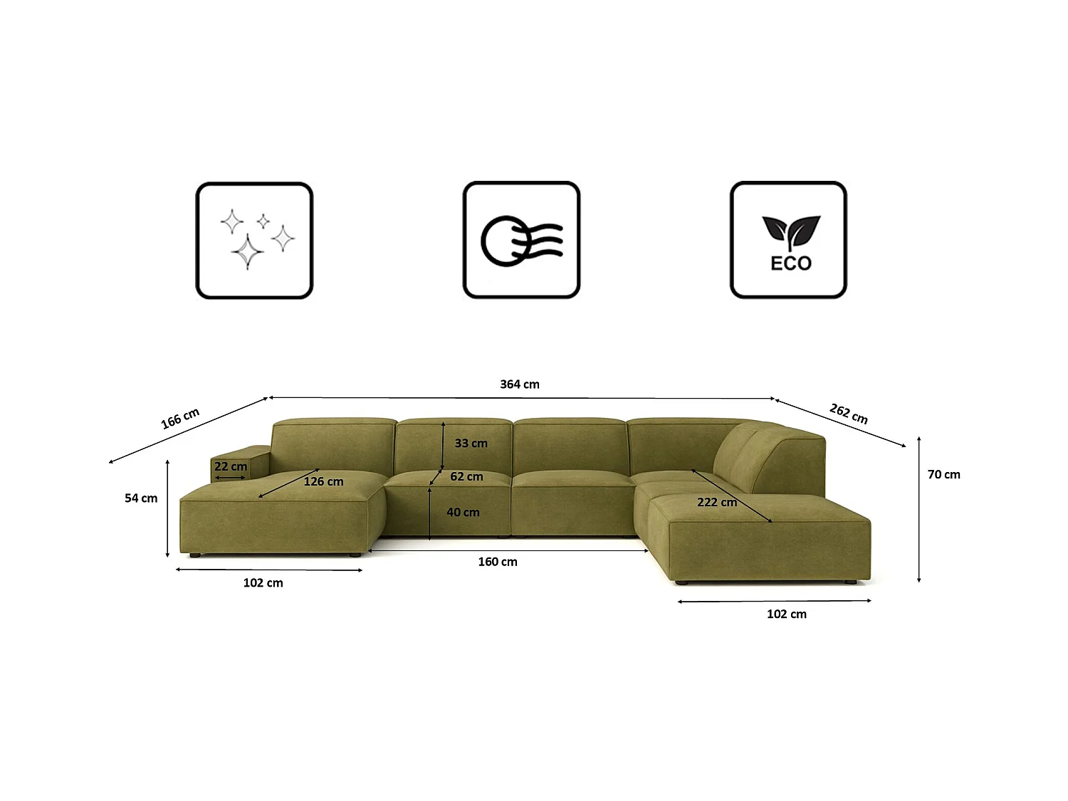 Canapé d'angle en U Cursal V, tissu Salvador, olive, droit