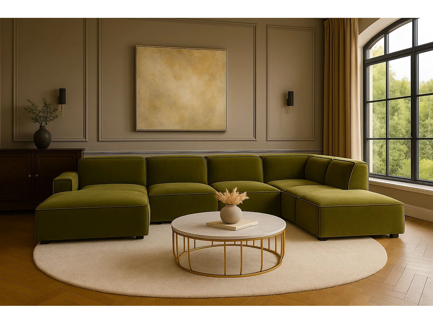 Canapé d'angle en U Cursal V, tissu Salvador, olive, droit