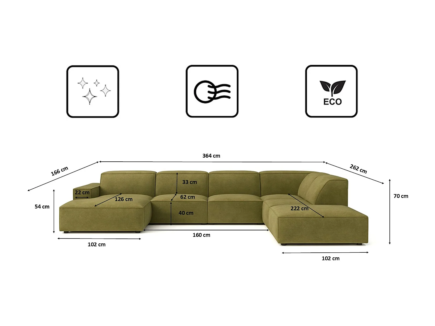 Canapé d'angle en U Cursal V, tissu Salvador, olive, droit