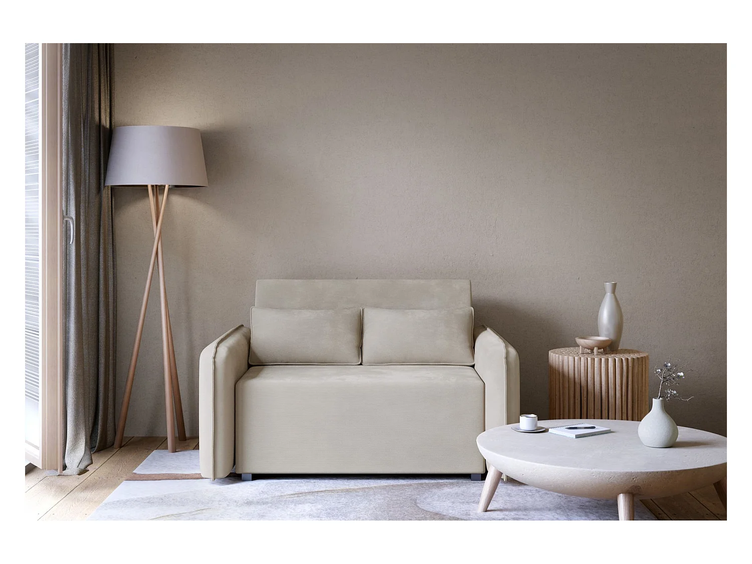 Canapé convertible 2 places – coffre – chenille hydrophobe – beige – DUELIA