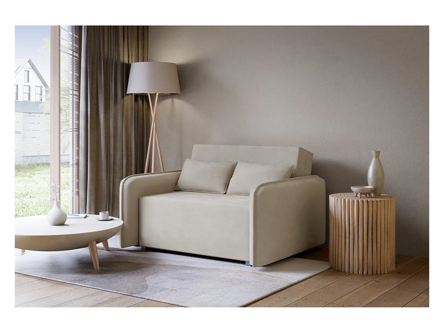 Canapé convertible 2 places – coffre – chenille hydrophobe – beige – DUELIA