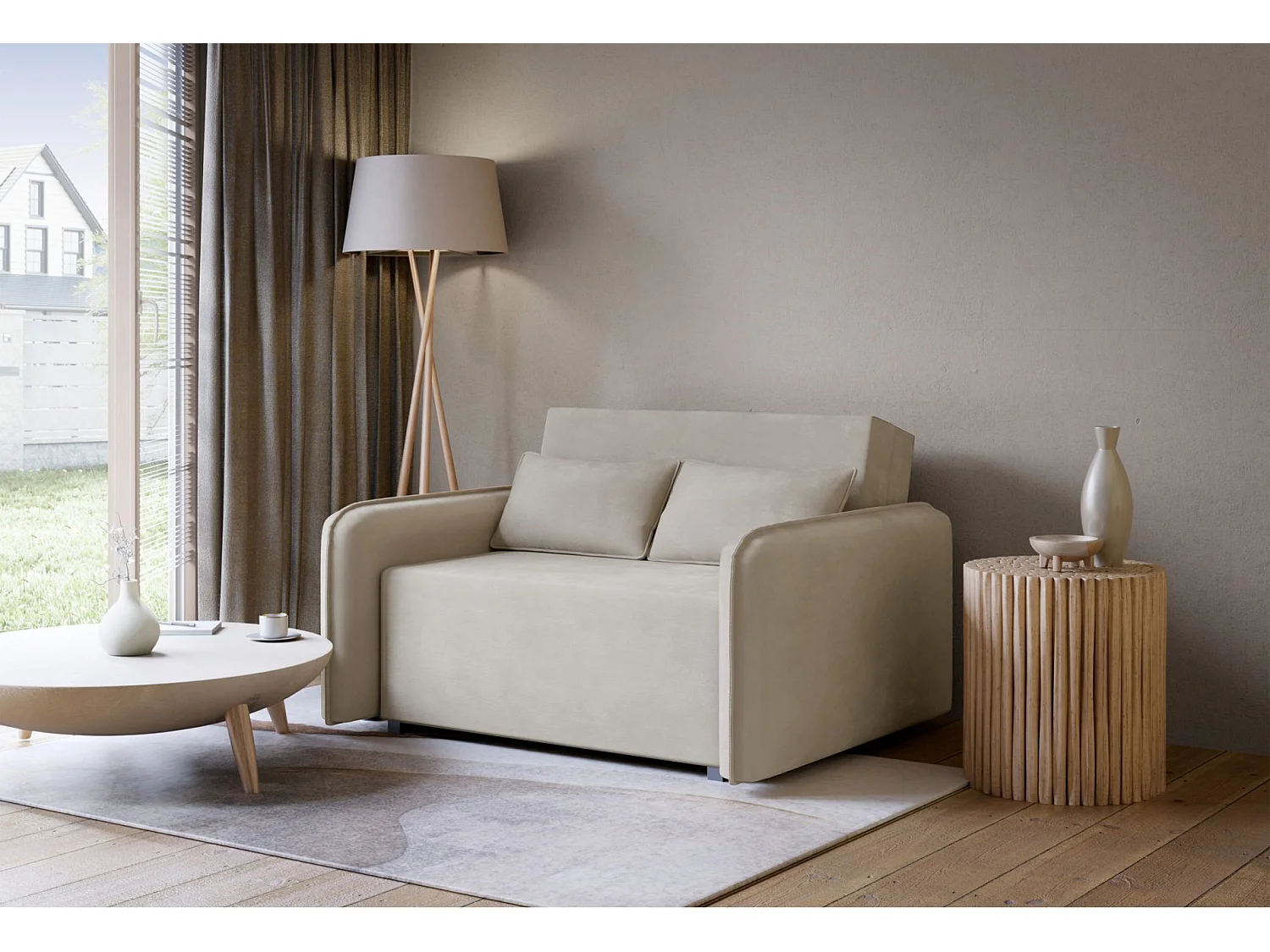 Canapé convertible 2 places – coffre – chenille hydrophobe – beige – DUELIA