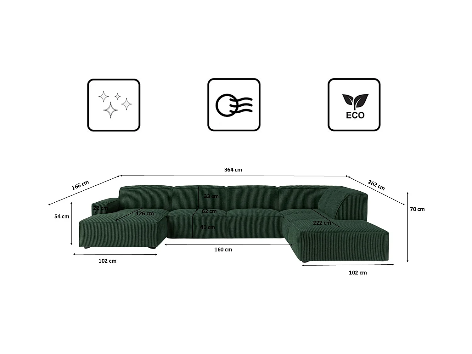 Ecksofa U-Form Cursal V, Stoff Poso, Grün, Rechts