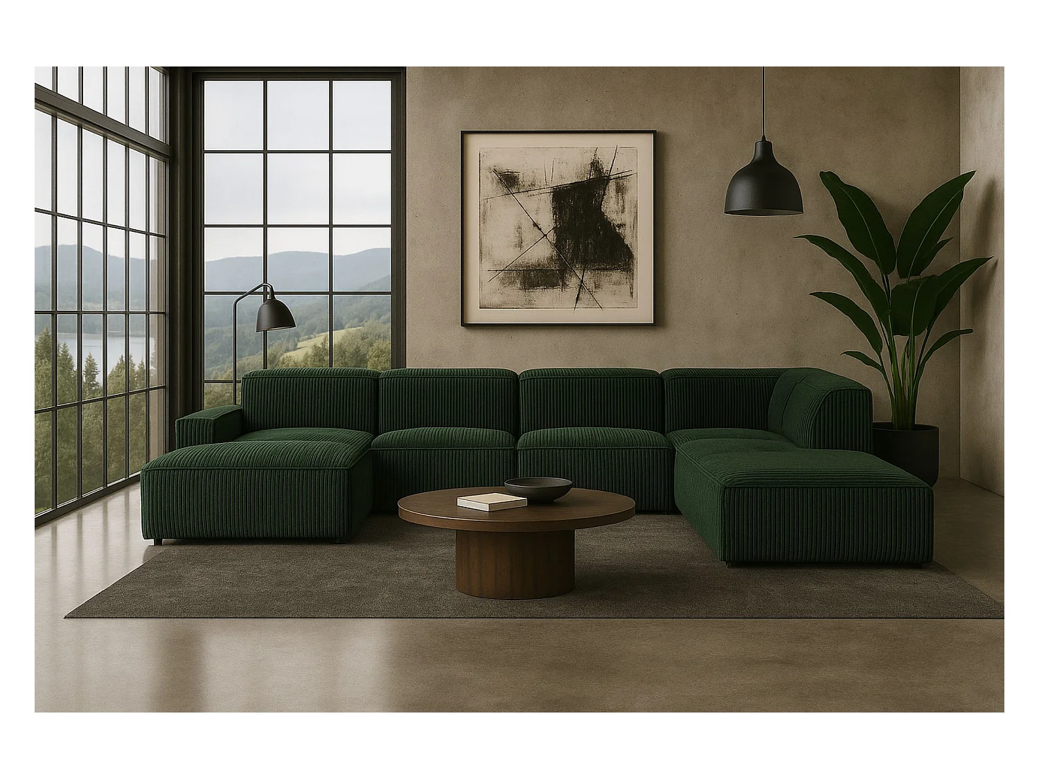 Hoekbank U-vorm Cursal V, stof Poso, groen, rechts