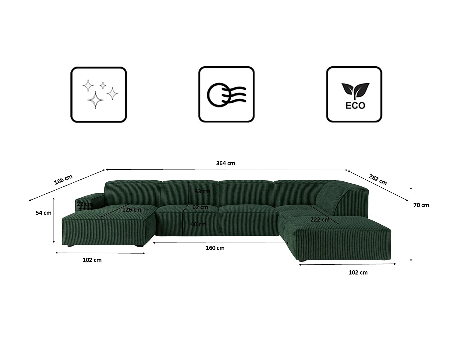 Divano angolare a U Cursal V, tessuto Poso, verde, a destra