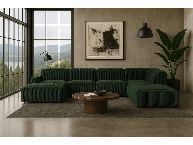 Canapé d'angle en U Cursal V, tissu Poso, vert, droit