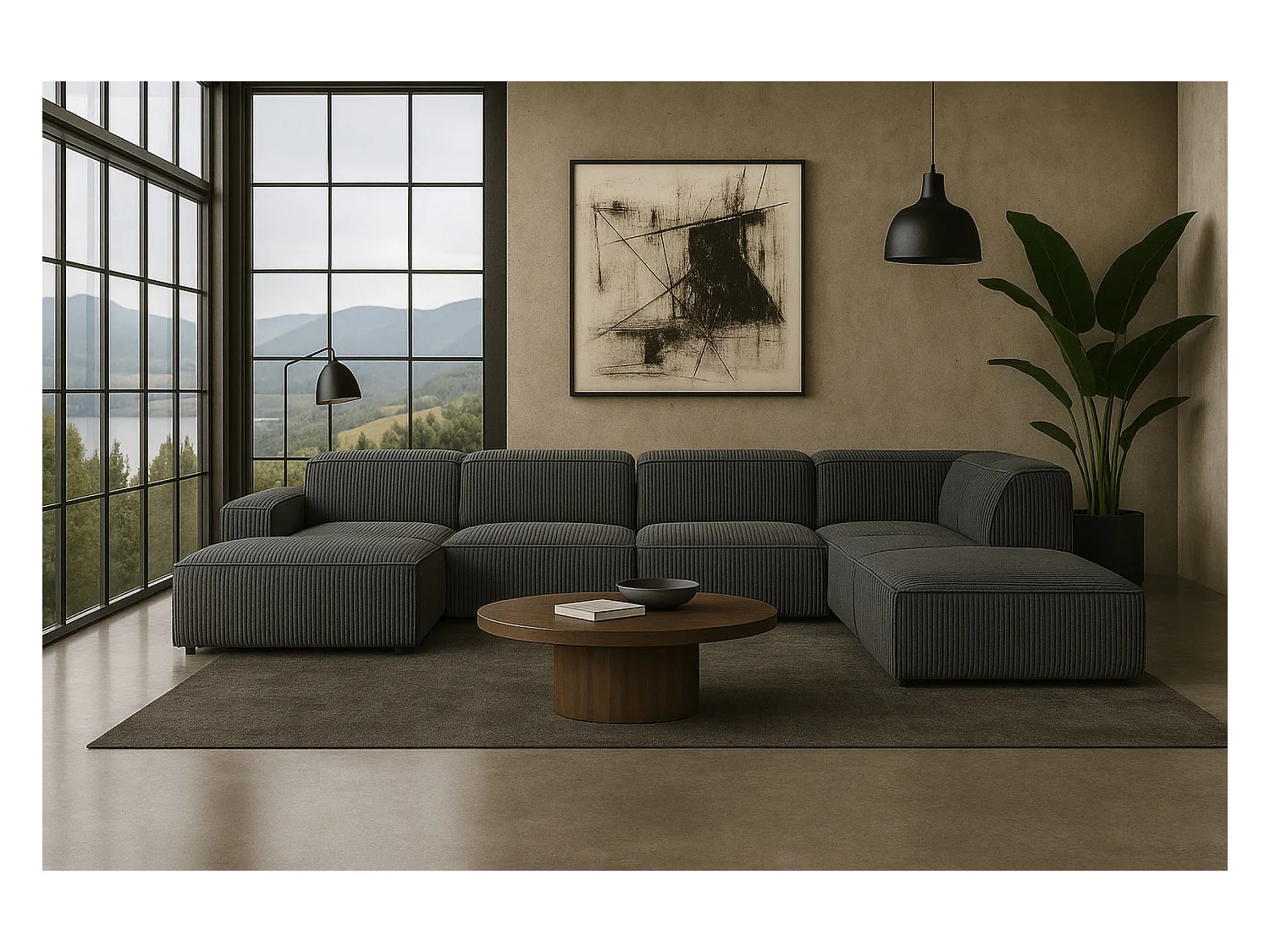 Hoekbank U-vorm Cursal V, stof Poso, grijs, rechts