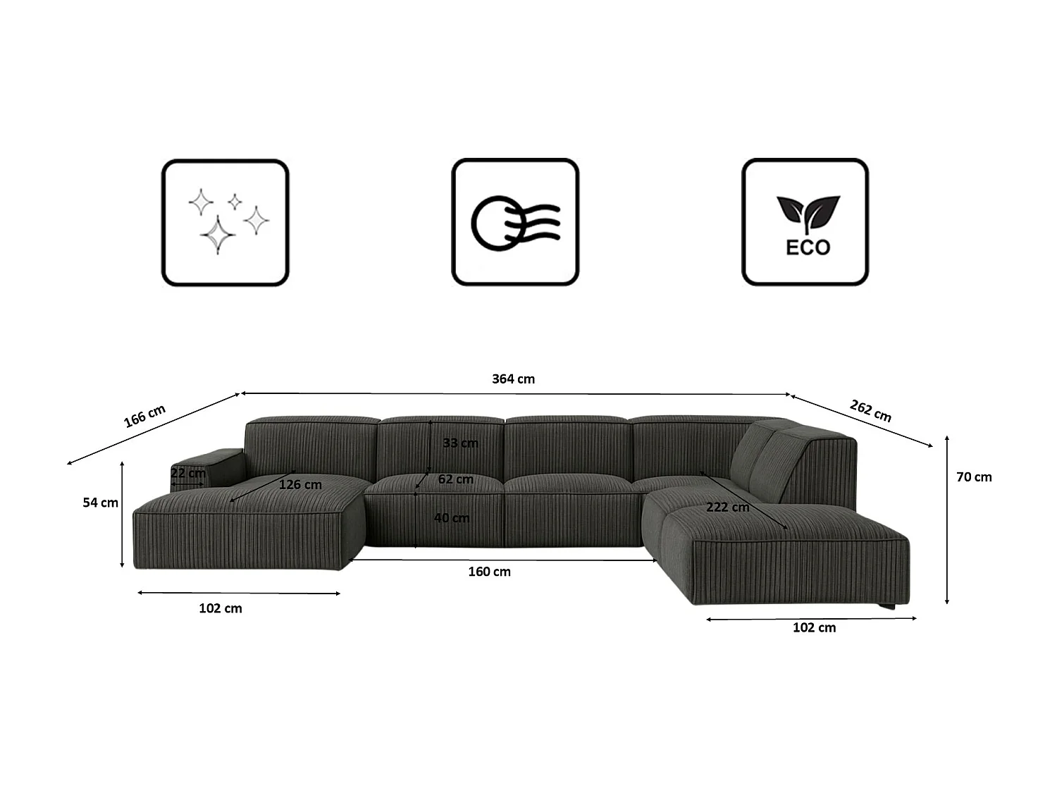 Divano angolare a U Cursal V, tessuto Poso, grigio, destra