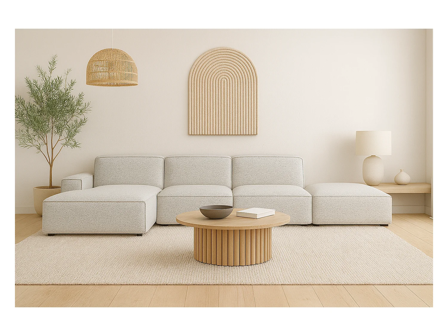 Canapé d'angle en L + repose-pieds Cursal, tissu Artico, Nata, gauche