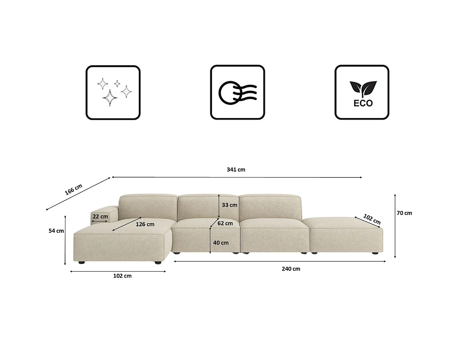 Canapé d'angle en L + repose-pieds Cursal, tissu Artico, Nata, gauche