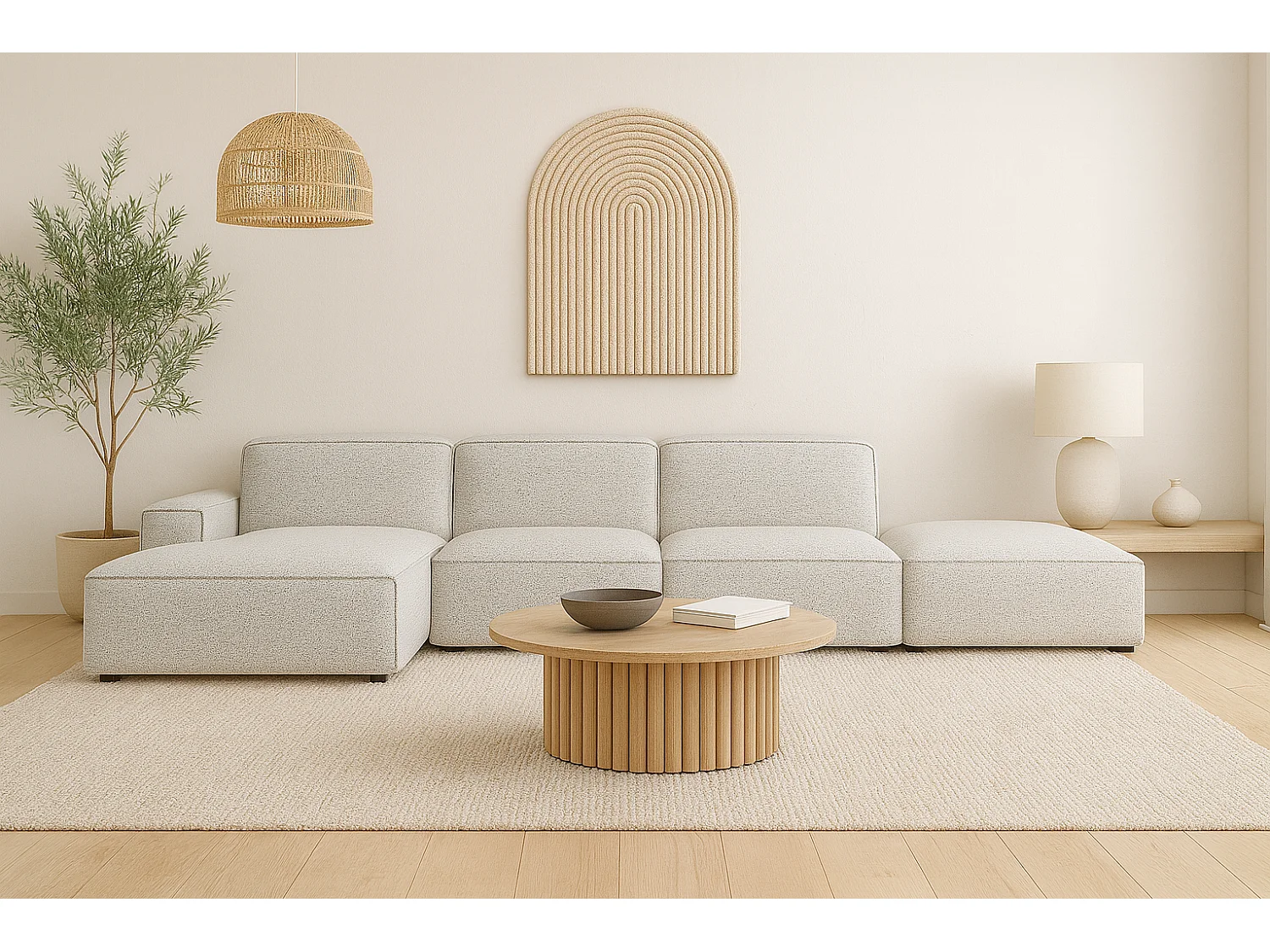 Canapé d'angle en L + repose-pieds Cursal, tissu Artico, Nata, gauche