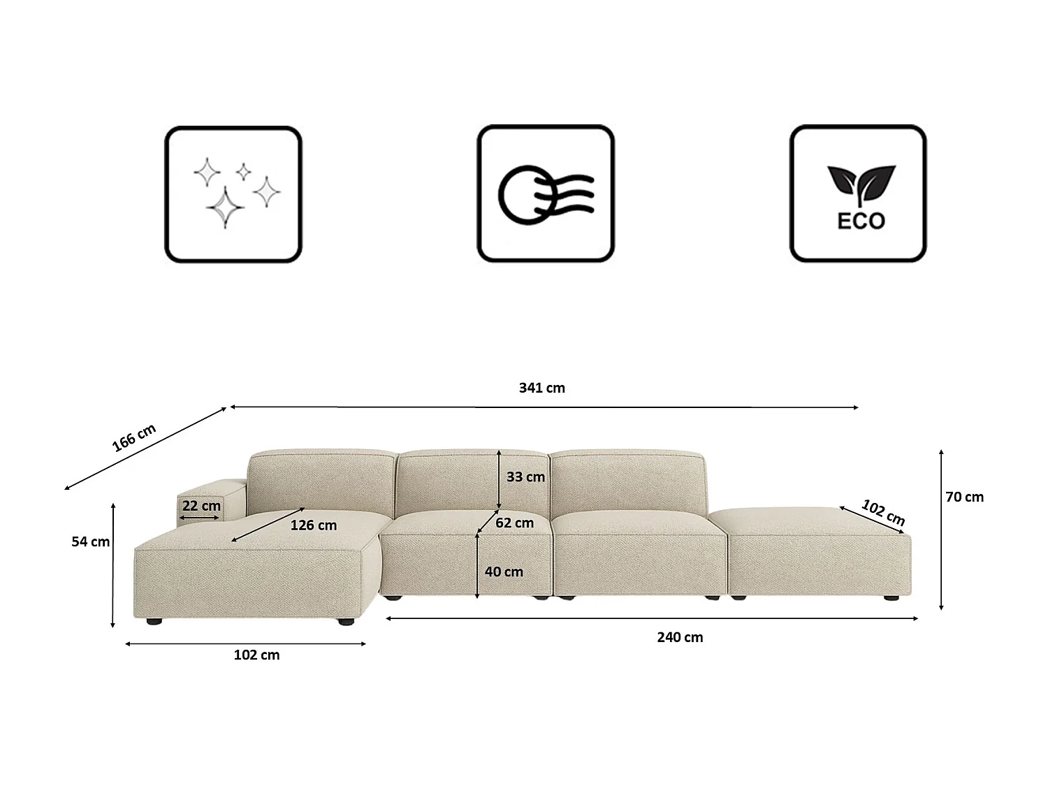 Canapé d'angle en L + repose-pieds Cursal, tissu Artico, Nata, gauche