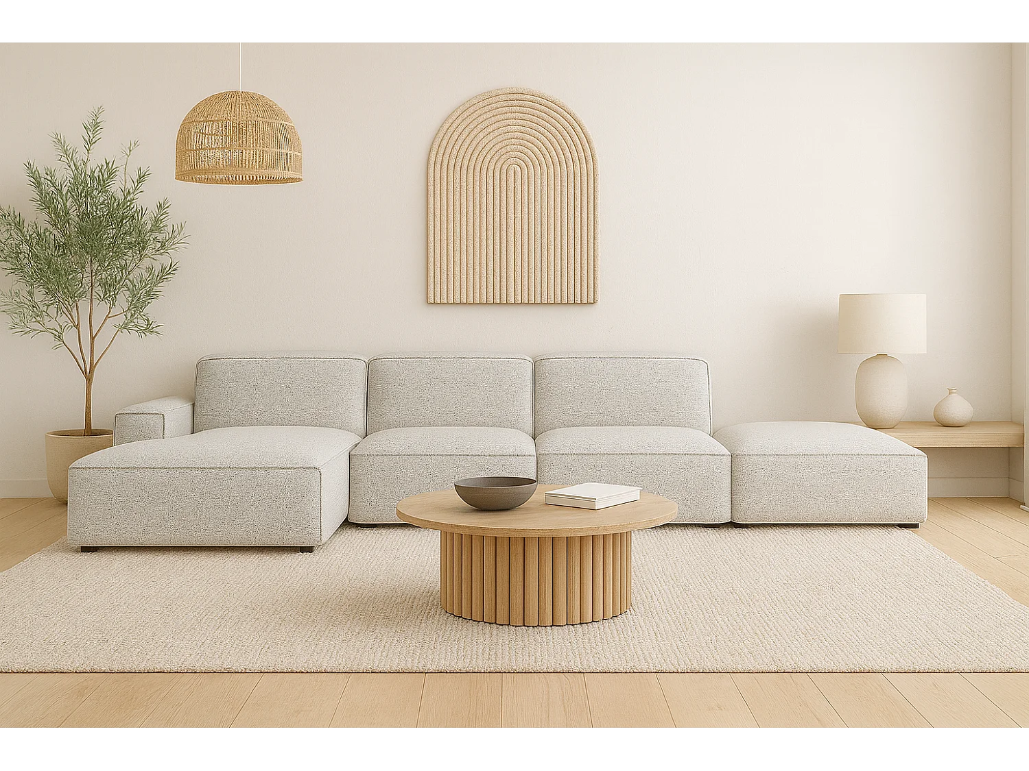 Ecksofa L-Form + Hocker Cursal, Stoff Artico, Nata, Links