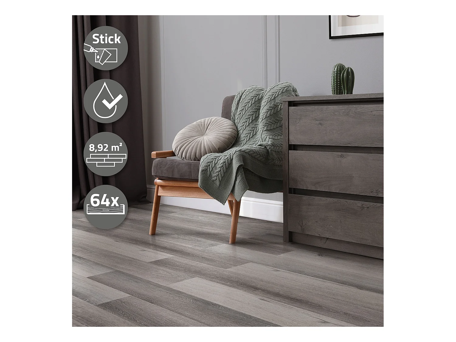 ML-Design Suelo vinílico de PVC 8,92 m² color pino gris 64x planchas autoadhesivas 91,5x15,3cm láminas grosor 2 mm efecto madera antideslizante