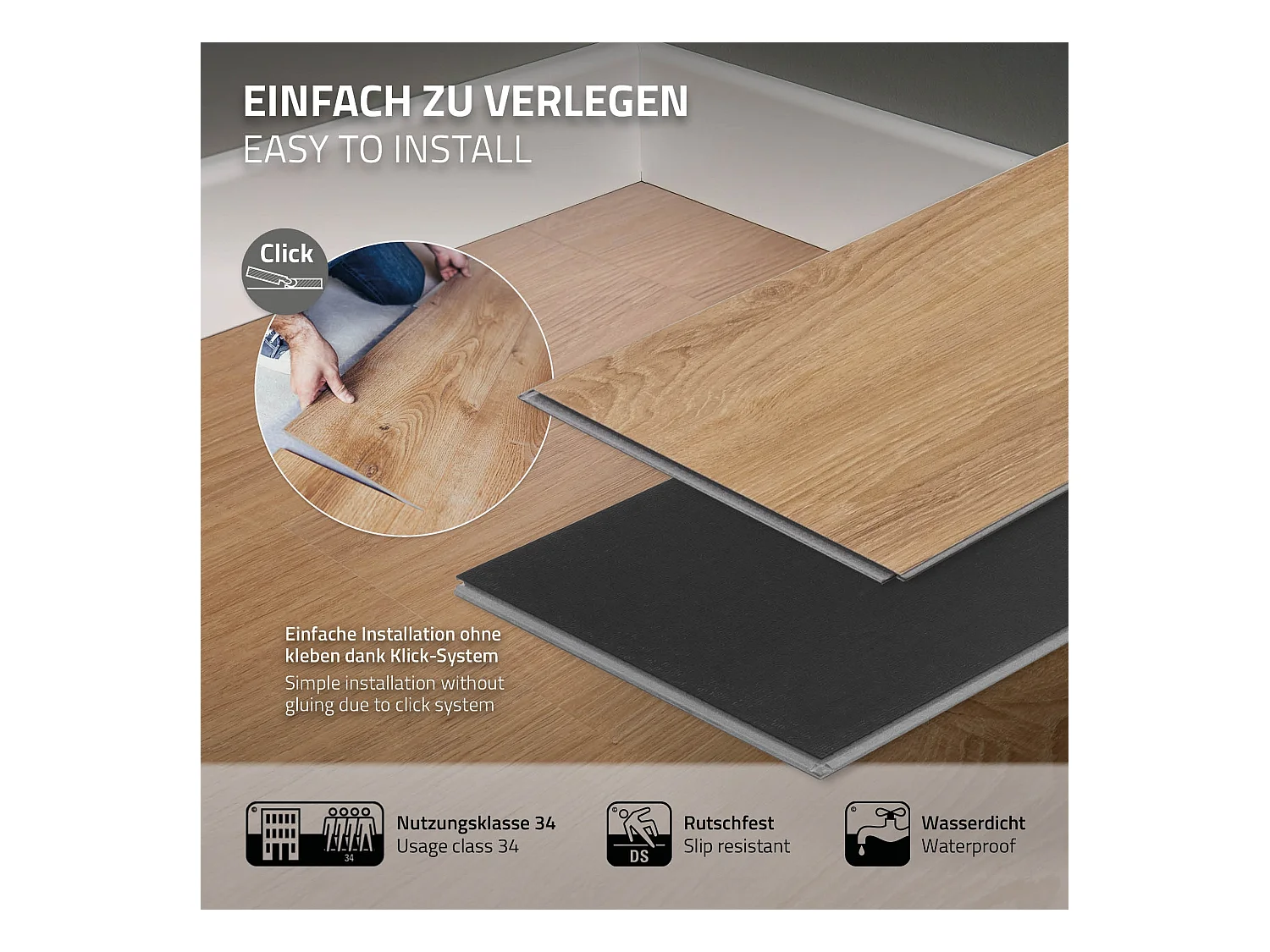 Revêtement de sol clipsable en vinyle 122cm x 18cm x 4,2mm 4,62m²/21 planches marron clair chêne sable imitation parquet pvc étanche classe charge 34