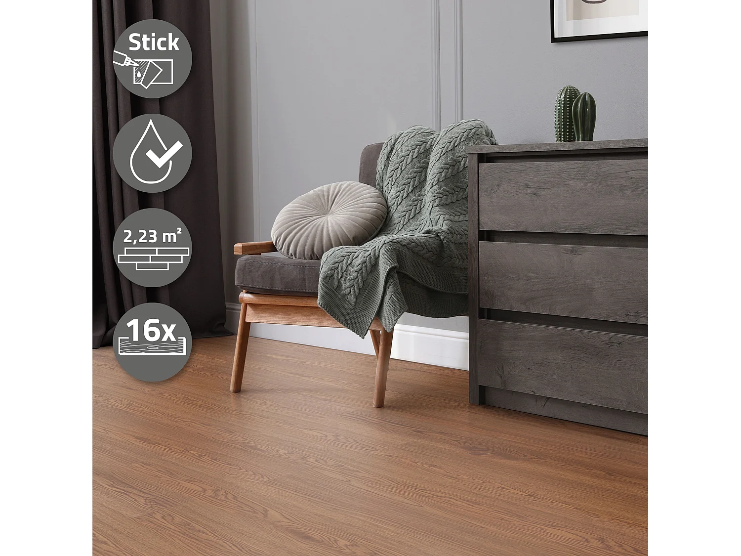 Revêtement de sol autocollant en PVC vinyle 2,23m²/16 planches 91,5 cm x 15,3 cm brun aspect chêne rouge antidérapant résistant à l'eau l'abrasion