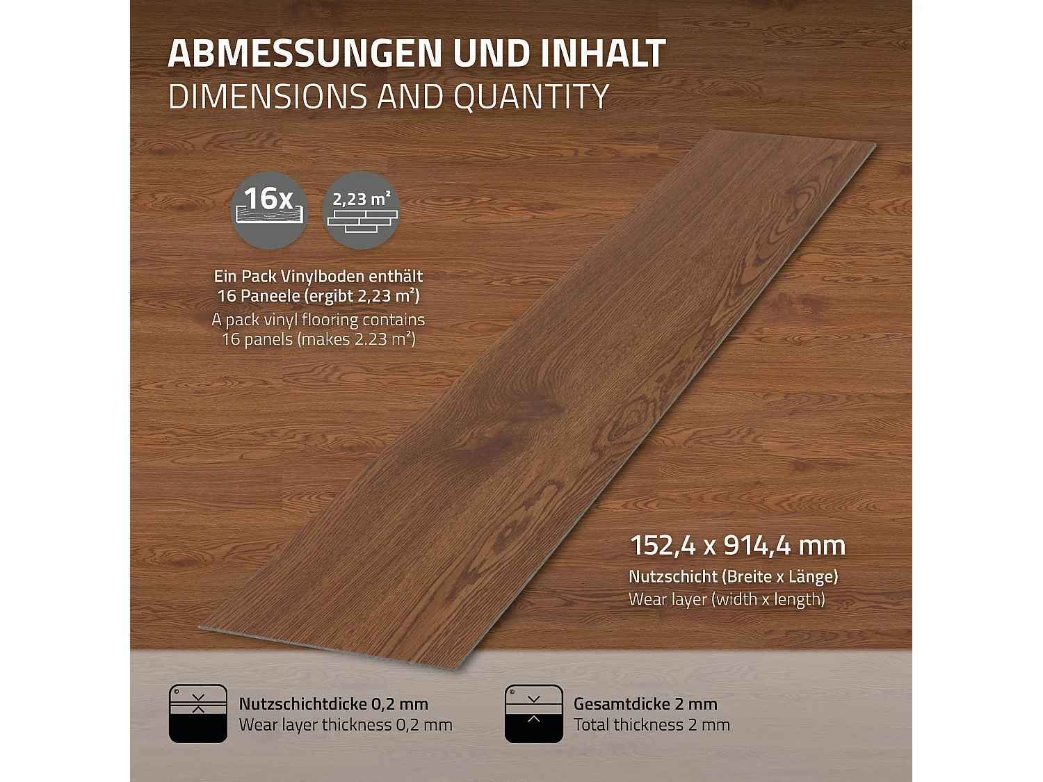 Revêtement de sol autocollant en PVC vinyle 2,23m²/16 planches 91,5 cm x 15,3 cm brun aspect chêne rouge antidérapant résistant à l'eau l'abrasion