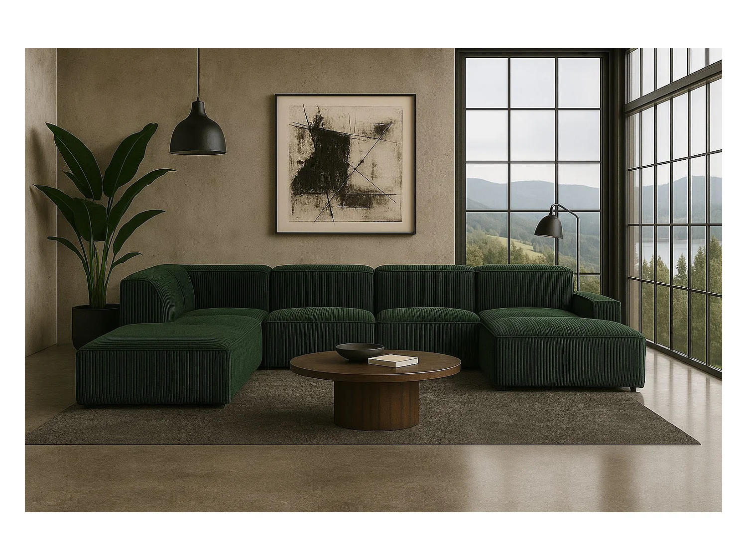 Canapé d'angle en U Cursal V, tissu Poso, vert, gauche