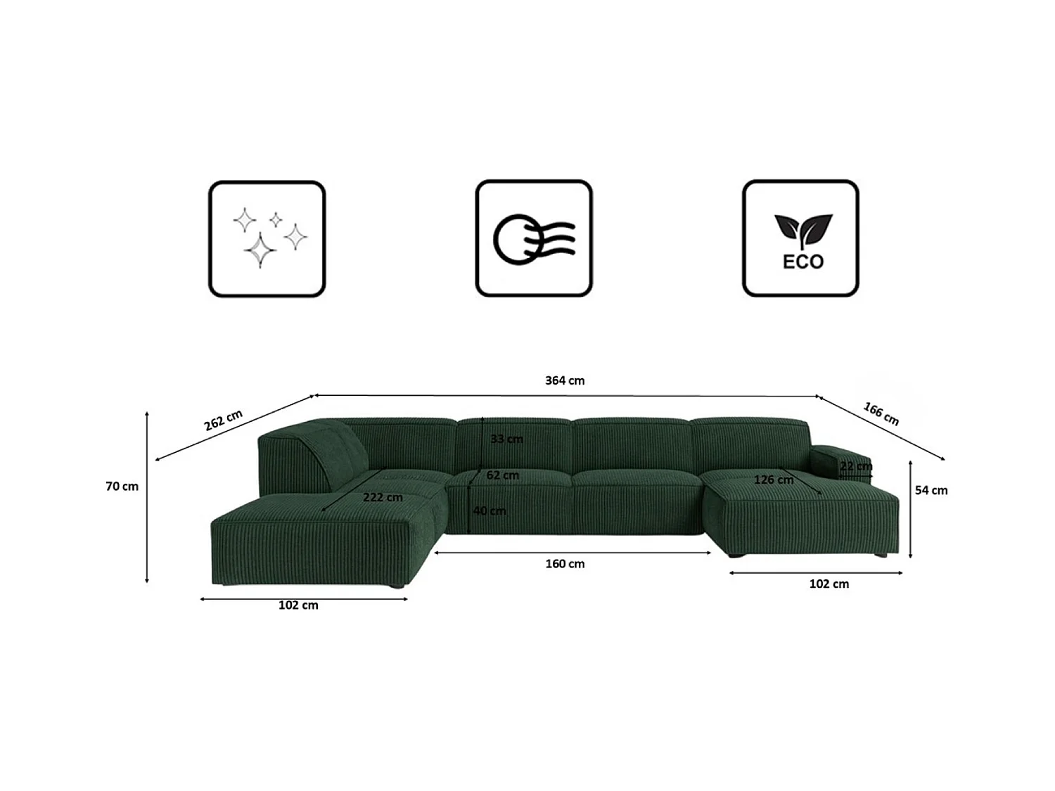 Canapé d'angle en U Cursal V, tissu Poso, vert, gauche