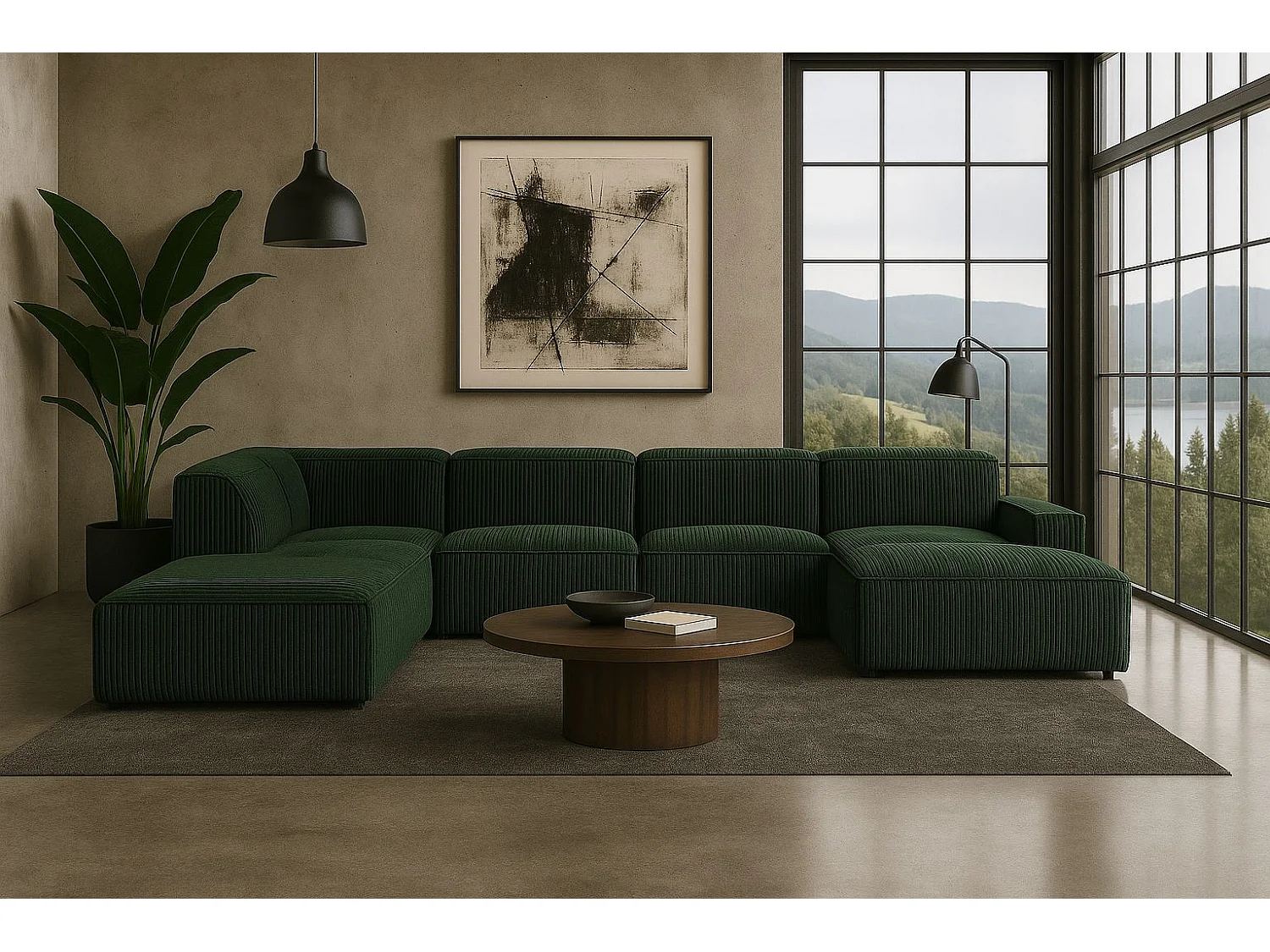 Canapé d'angle en U Cursal V, tissu Poso, vert, gauche