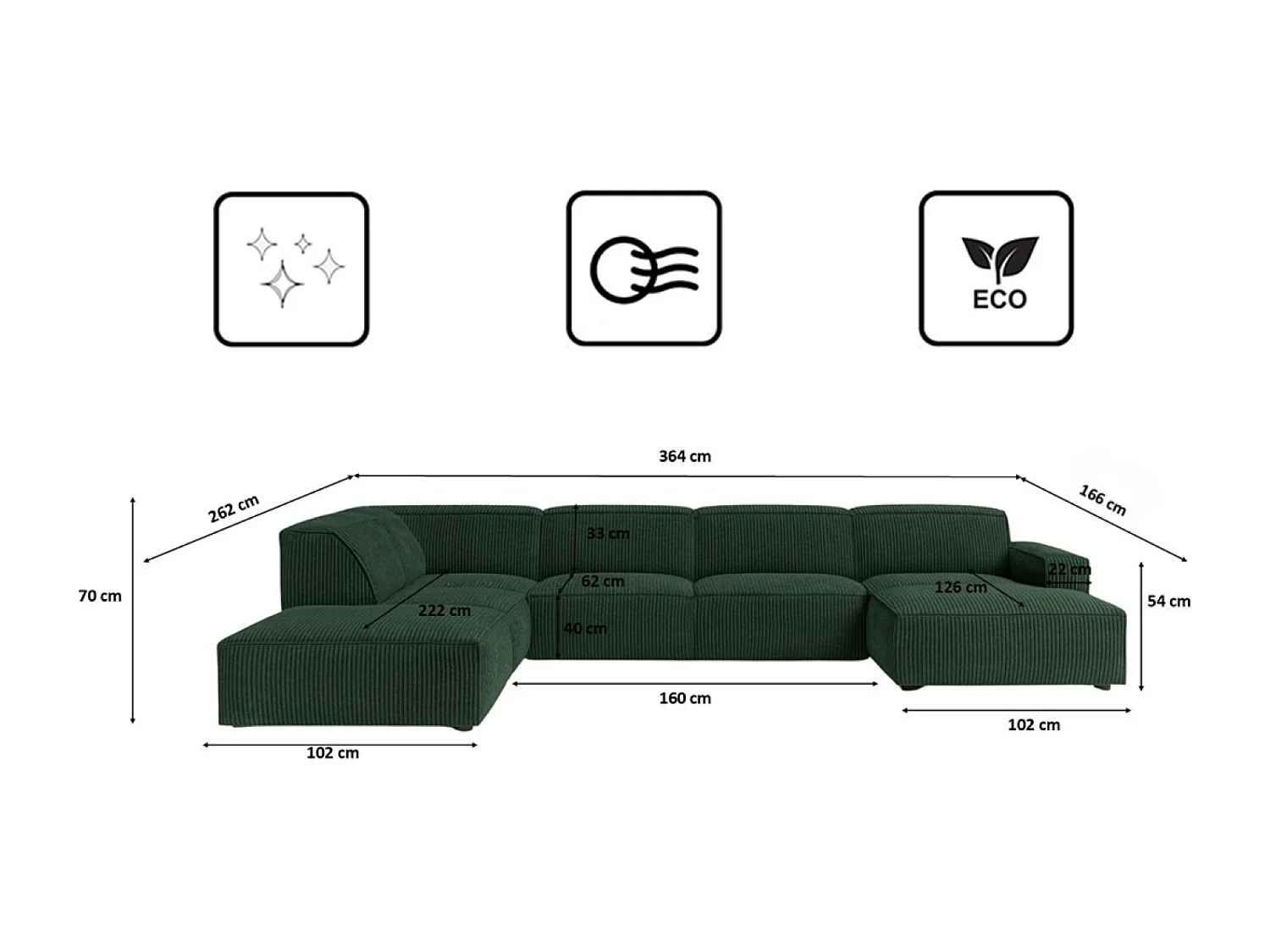 Canapé d'angle en U Cursal V, tissu Poso, vert, gauche