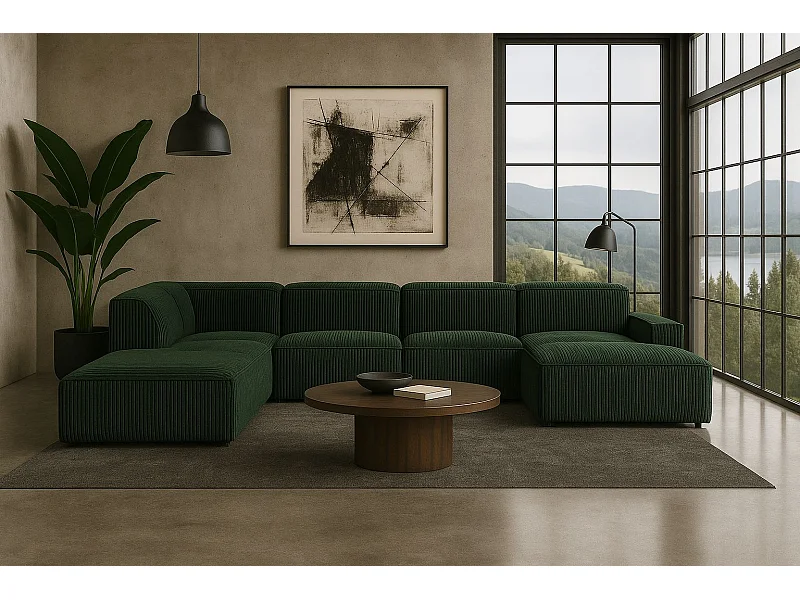 Canapé d'angle en U Cursal V, tissu Poso, vert, gauche