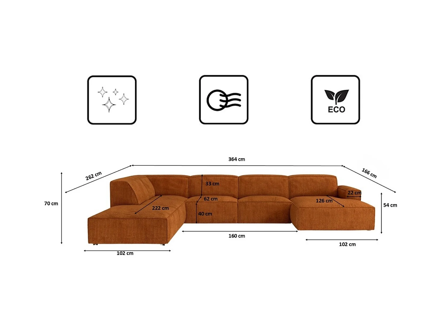 Ecksofa U-Form Cursal V, Stoff Poso, Kupfer, Links