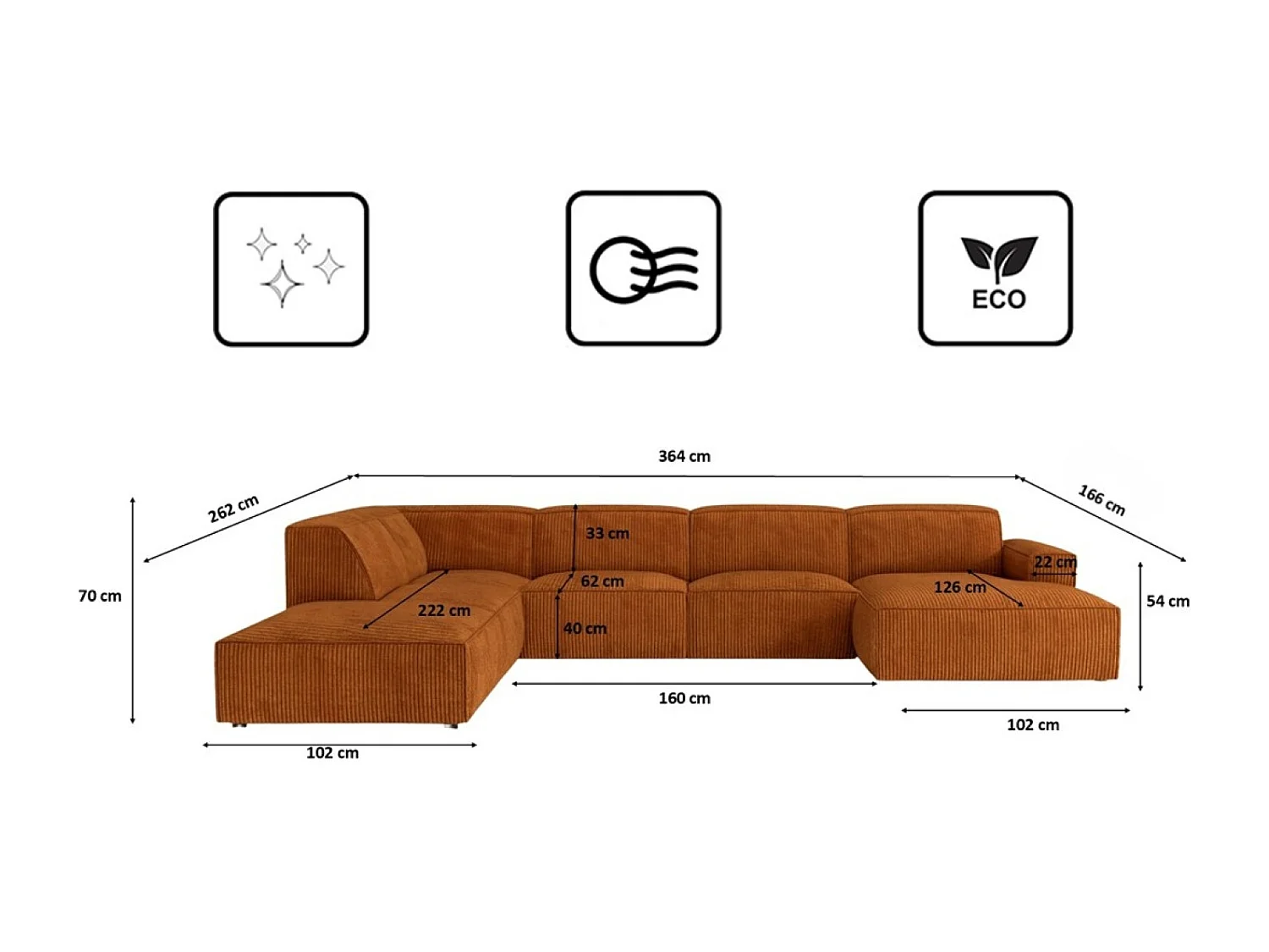 Ecksofa U-Form Cursal V, Stoff Poso, Kupfer, Links