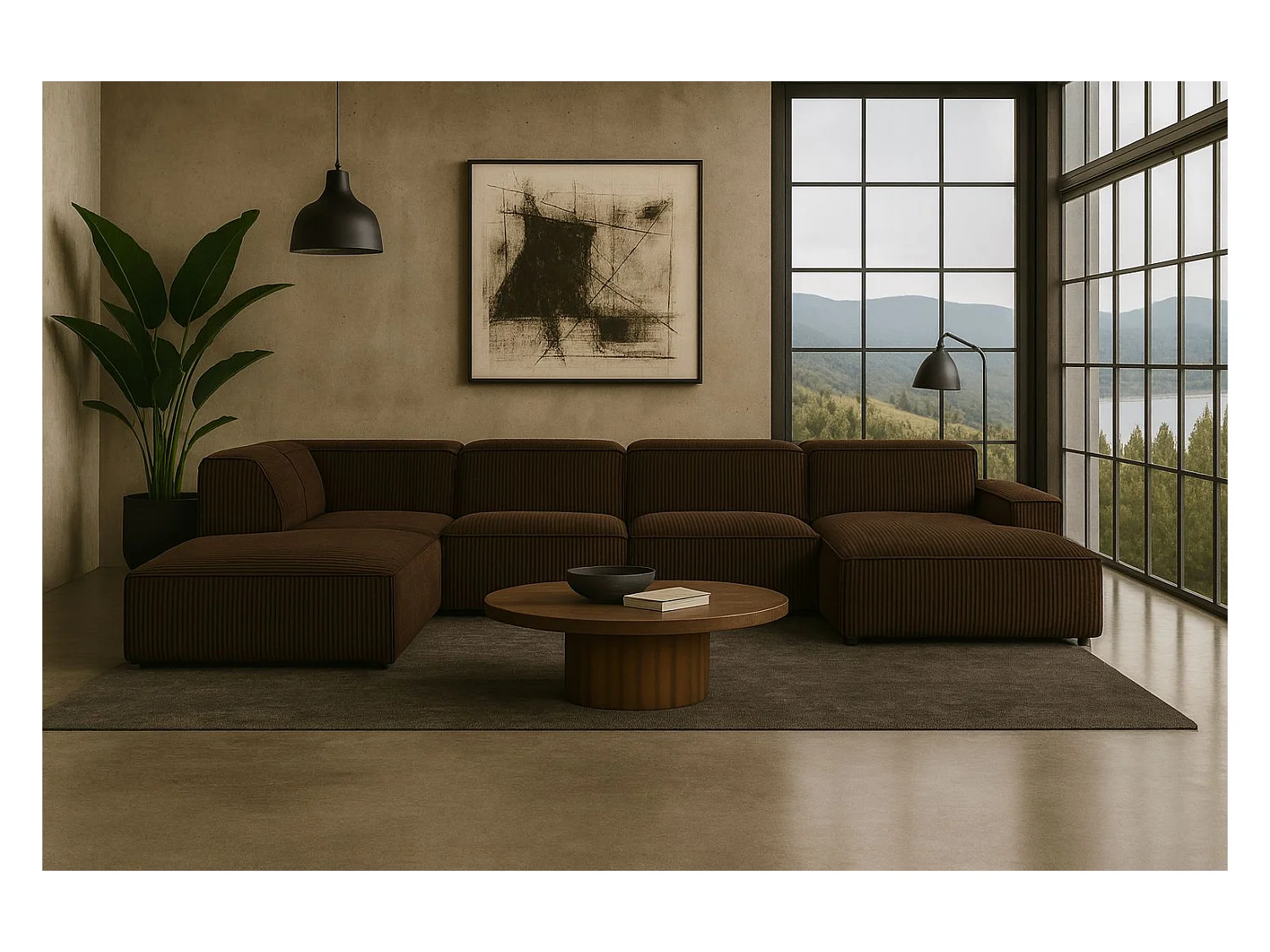 Canapé d'angle en U Cursal V, tissu Poso, marron, gauche