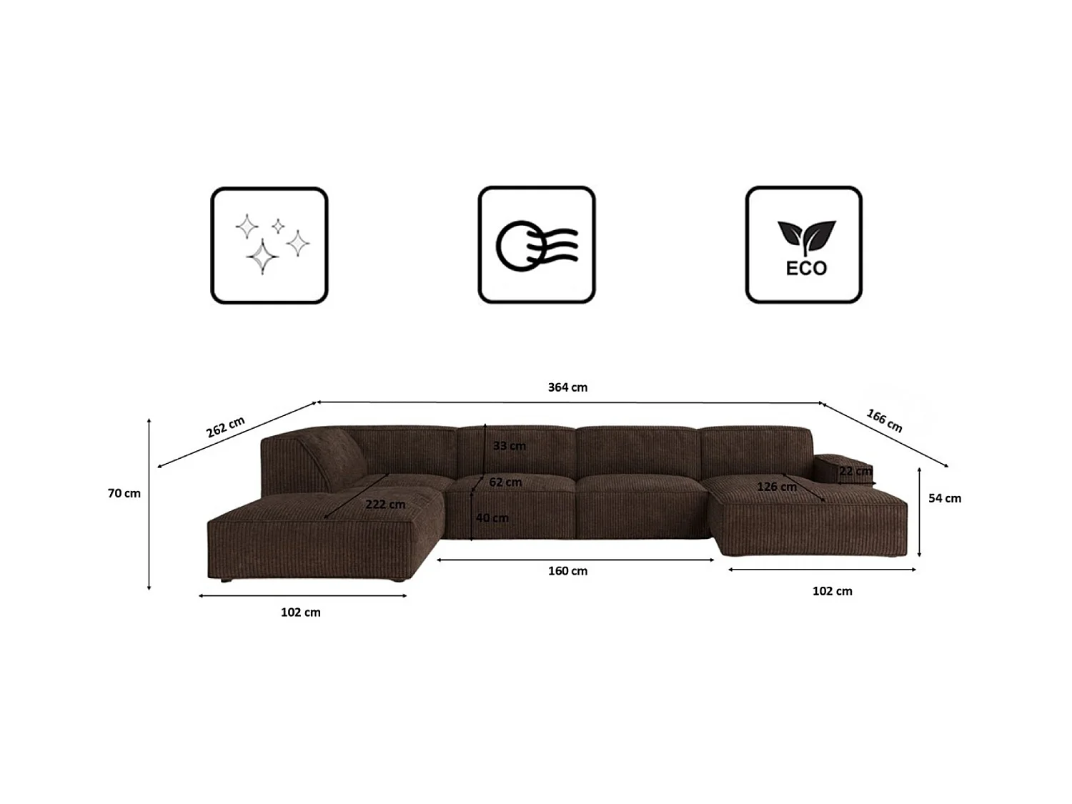 Canapé d'angle en U Cursal V, tissu Poso, marron, gauche