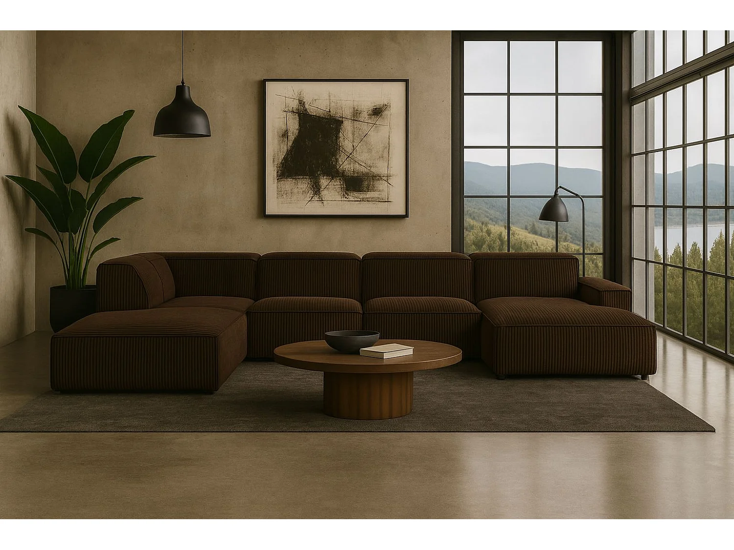 Canapé d'angle en U Cursal V, tissu Poso, marron, gauche