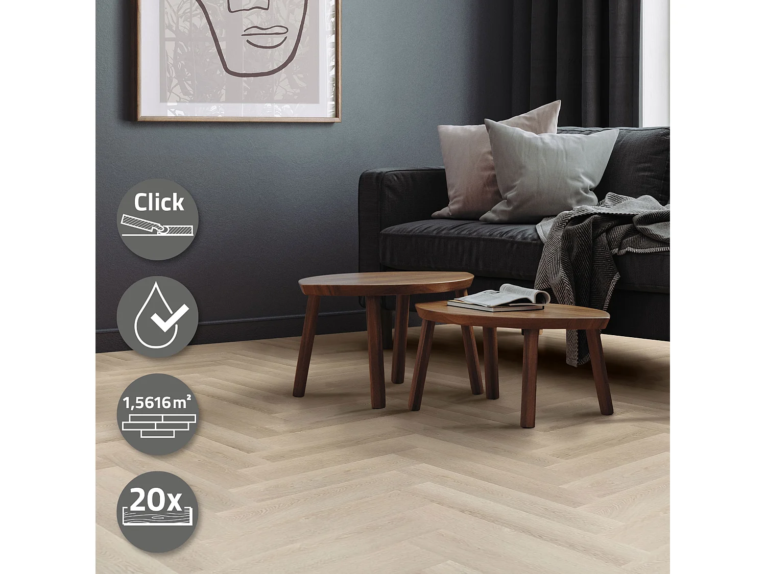 Pavimento in PVC Deluxe 61x12,8cm 1,56m² a click rovere chiaro a spina di pesce 20 listoni in vinile rivestimento aspetto legno impermeabile ML-Design