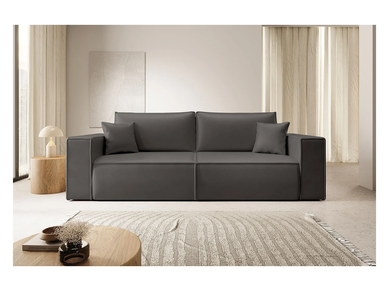 Schlafsofa 3-Sitzer – Bettkasten – Kunstleder – Dunkelgrau – FARESE CUERO