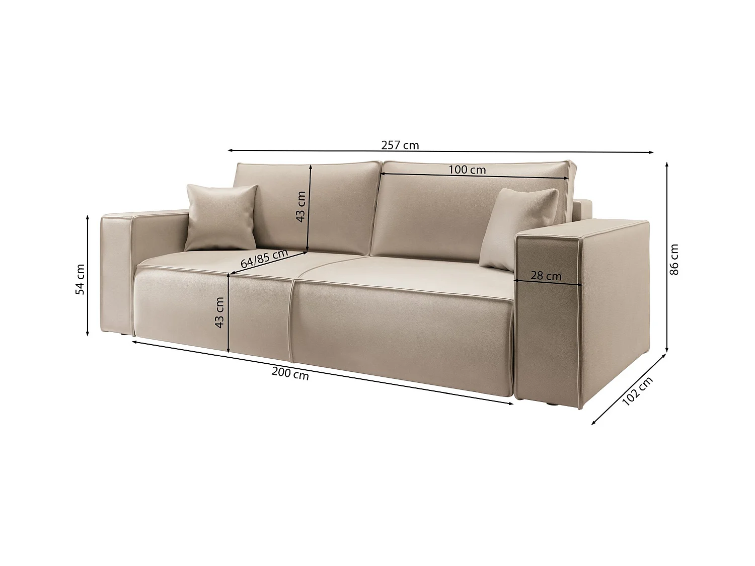 Schlafsofa 3-Sitzer – Bettkasten – Kunstleder – Dunkelgrau – FARESE CUERO