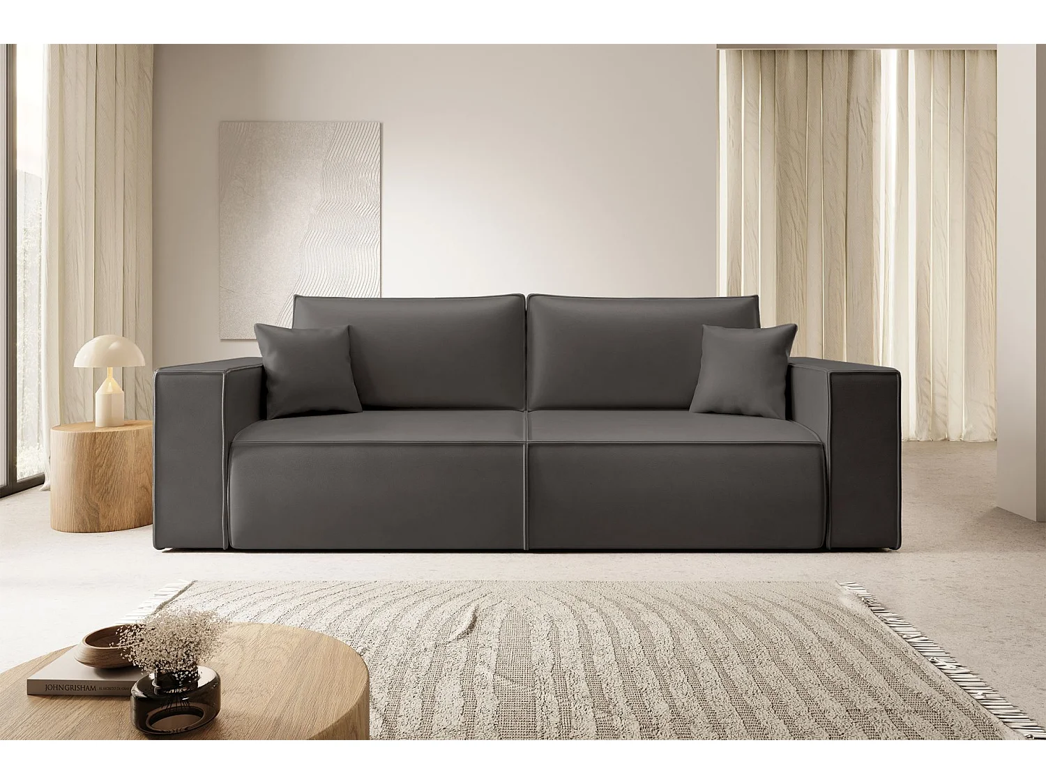 Canapé convertible 3 places – coffre – similicuir – gris foncé – FARESE CUERO