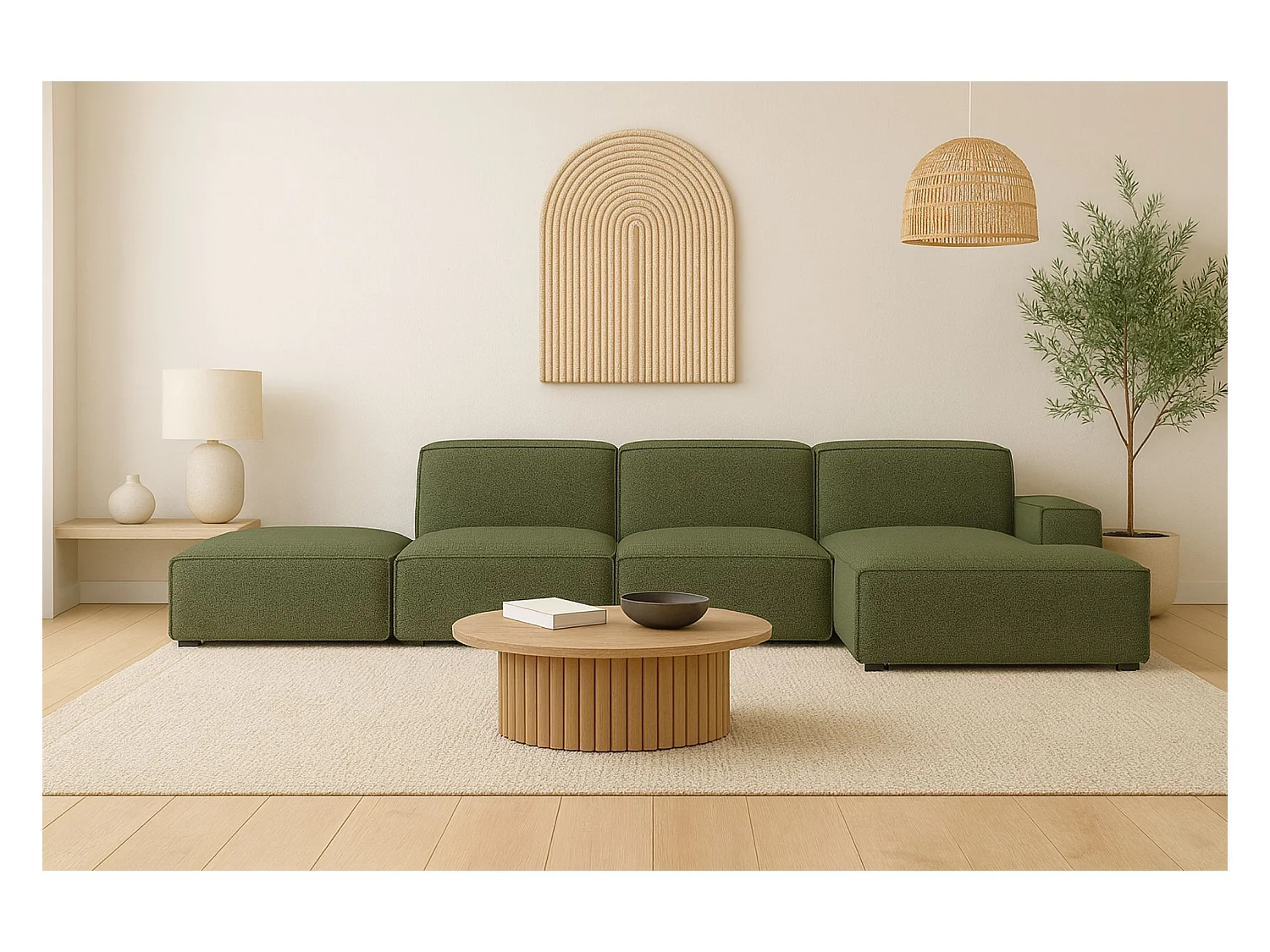 Ecksofa L-Form + Hocker Cursal, Stoff Artico, Moss, Rechts