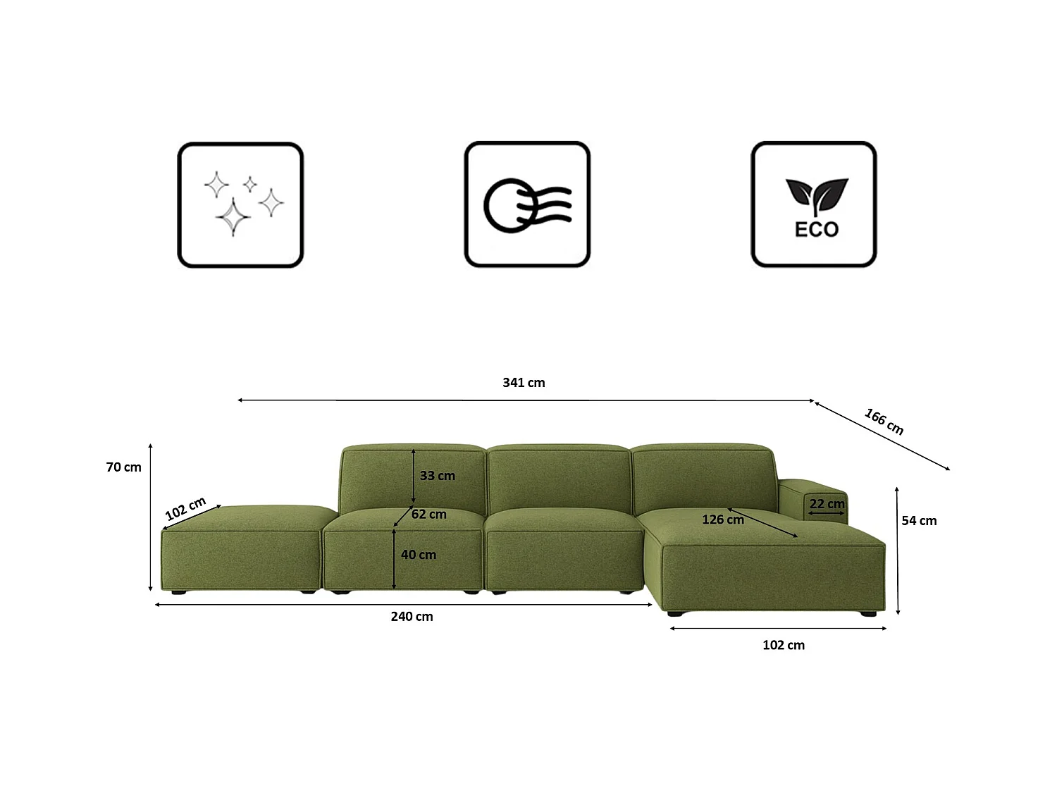 Ecksofa L-Form + Hocker Cursal, Stoff Artico, Moss, Rechts