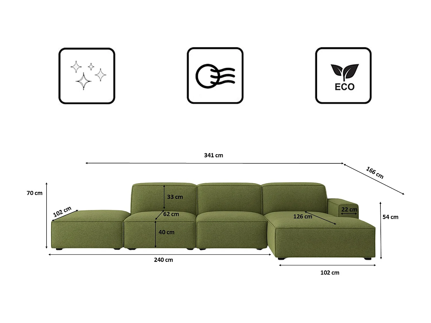 Ecksofa L-Form + Hocker Cursal, Stoff Artico, Moss, Rechts