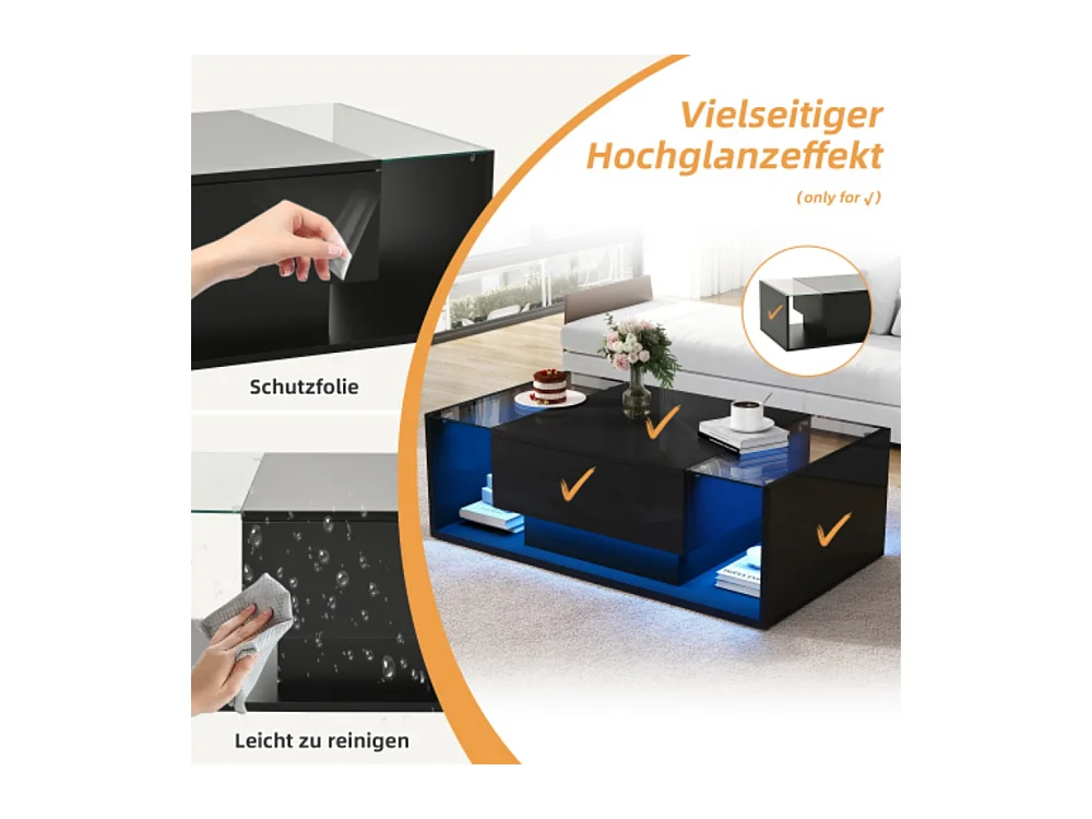 Couchtisch,kaffetisch mit 1 Schublade und LED-Lichtleiste, Beistelltisch, Hochglanz-Sofatisch,Wohnzimmertisch mit minimalistischem Design 100*50*31cm
