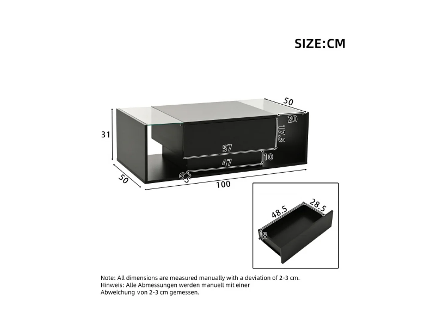 Couchtisch,kaffetisch mit 1 Schublade und LED-Lichtleiste, Beistelltisch, Hochglanz-Sofatisch,Wohnzimmertisch mit minimalistischem Design 100*50*31cm