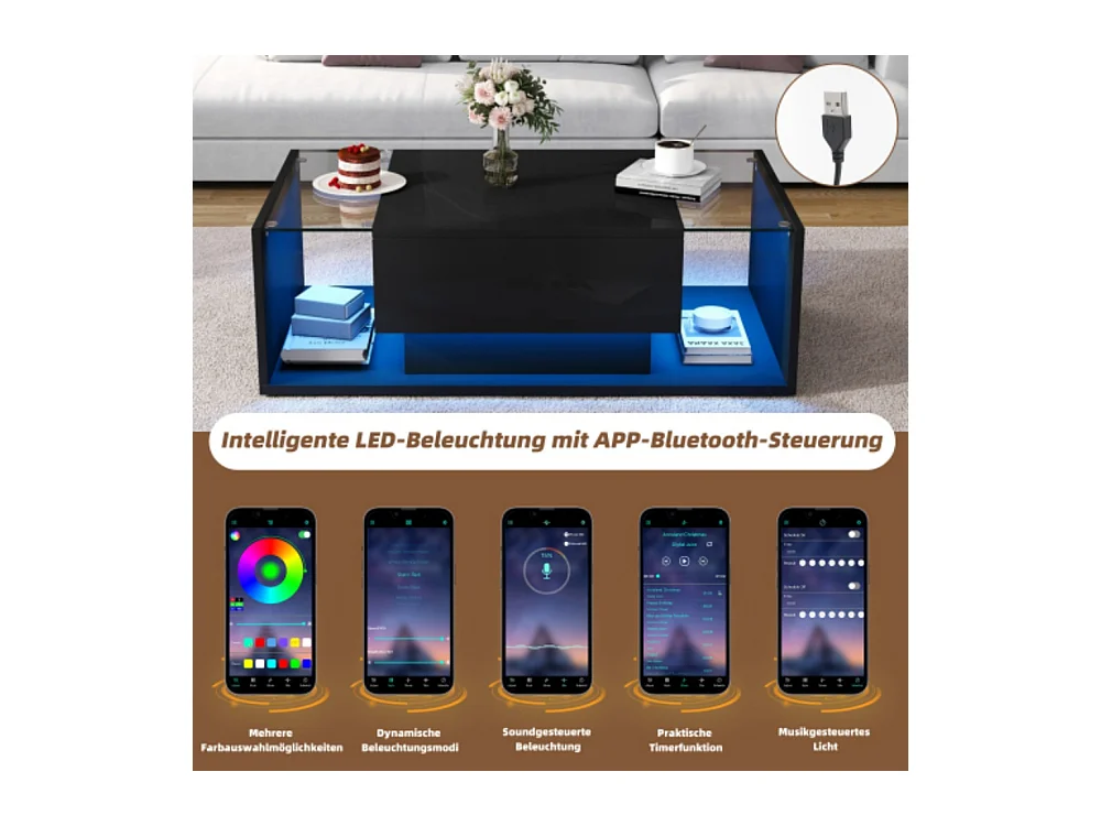 Couchtisch,kaffetisch mit 1 Schublade und LED-Lichtleiste, Beistelltisch, Hochglanz-Sofatisch,Wohnzimmertisch mit minimalistischem Design 100*50*31cm