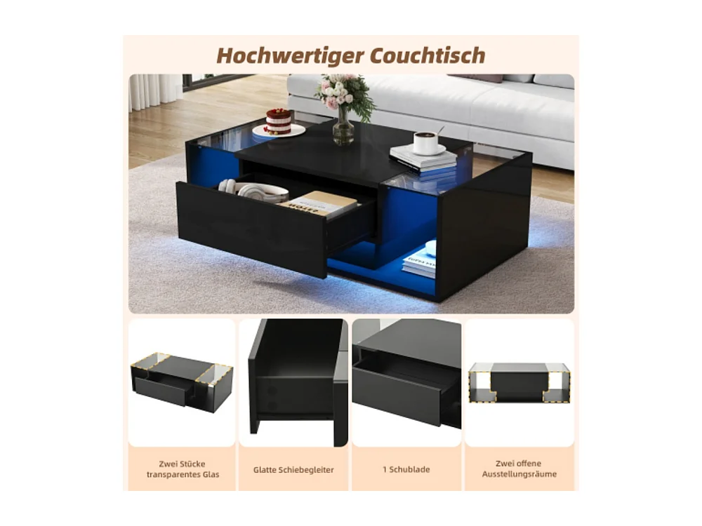 Couchtisch,kaffetisch mit 1 Schublade und LED-Lichtleiste, Beistelltisch, Hochglanz-Sofatisch,Wohnzimmertisch mit minimalistischem Design 100*50*31cm