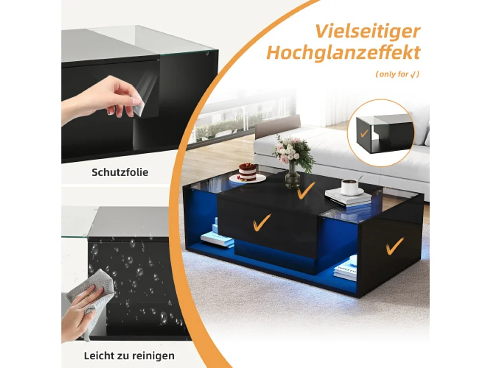 Couchtisch,kaffetisch mit 1 Schublade und LED-Lichtleiste, Beistelltisch, Hochglanz-Sofatisch,Wohnzimmertisch mit minimalistischem Design 100*50*31cm