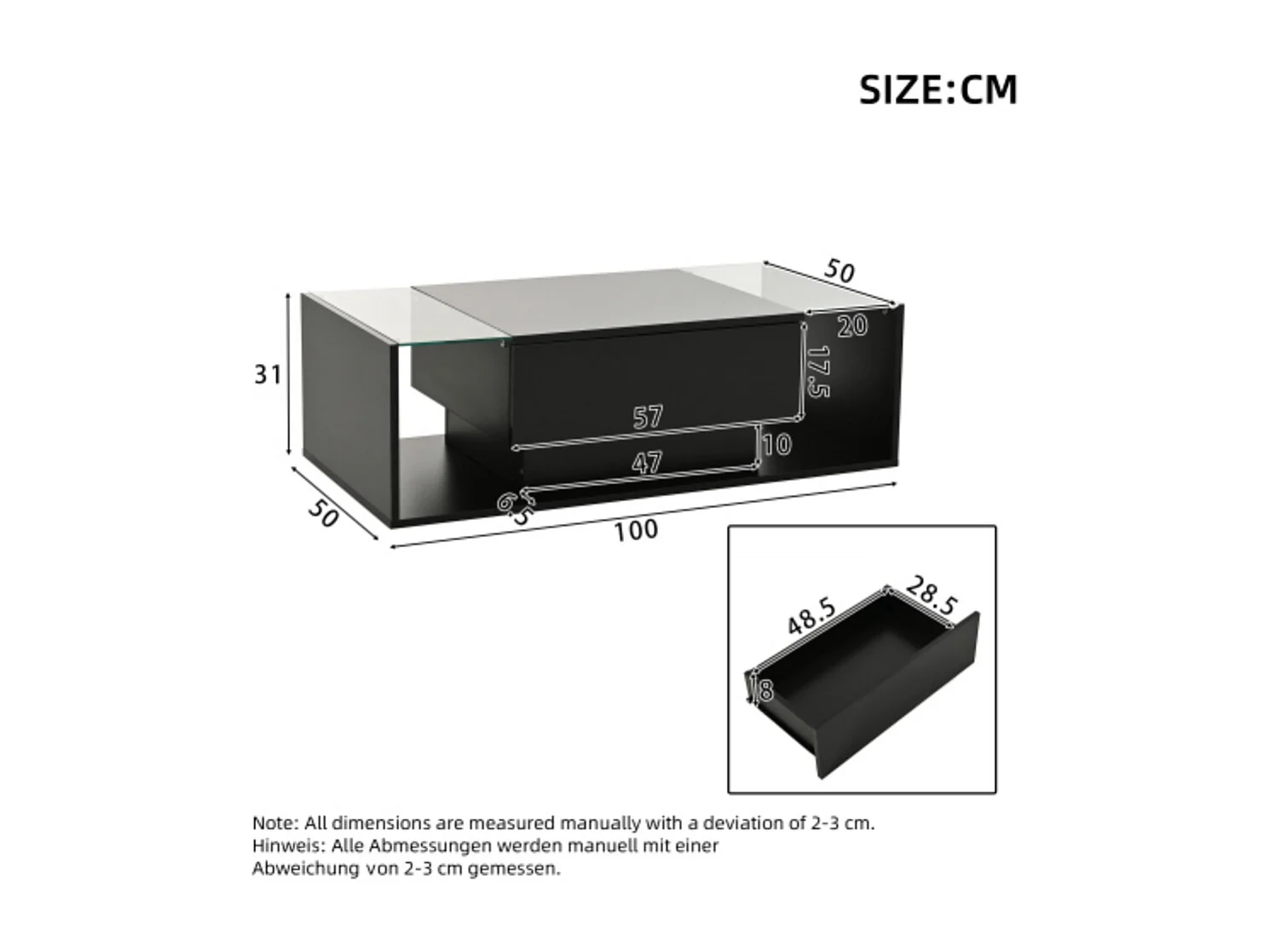 Couchtisch,kaffetisch mit 1 Schublade und LED-Lichtleiste, Beistelltisch, Hochglanz-Sofatisch,Wohnzimmertisch mit minimalistischem Design 100*50*31cm