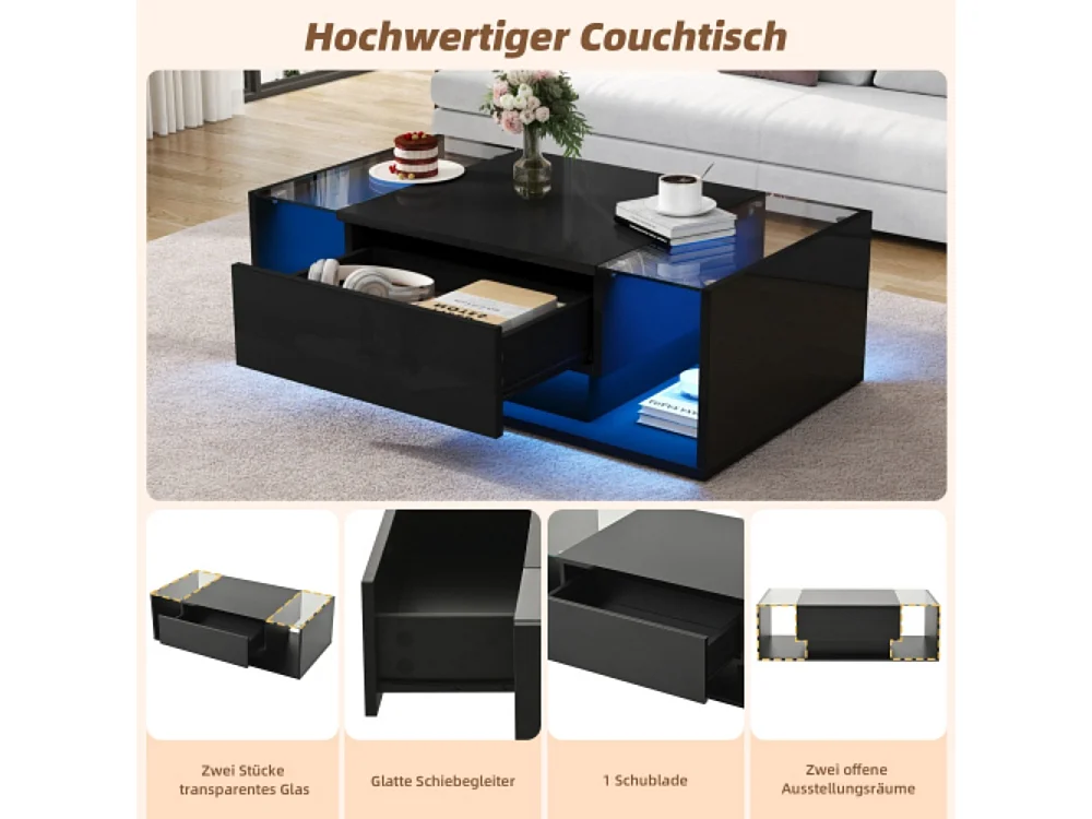 Couchtisch,kaffetisch mit 1 Schublade und LED-Lichtleiste, Beistelltisch, Hochglanz-Sofatisch,Wohnzimmertisch mit minimalistischem Design 100*50*31cm